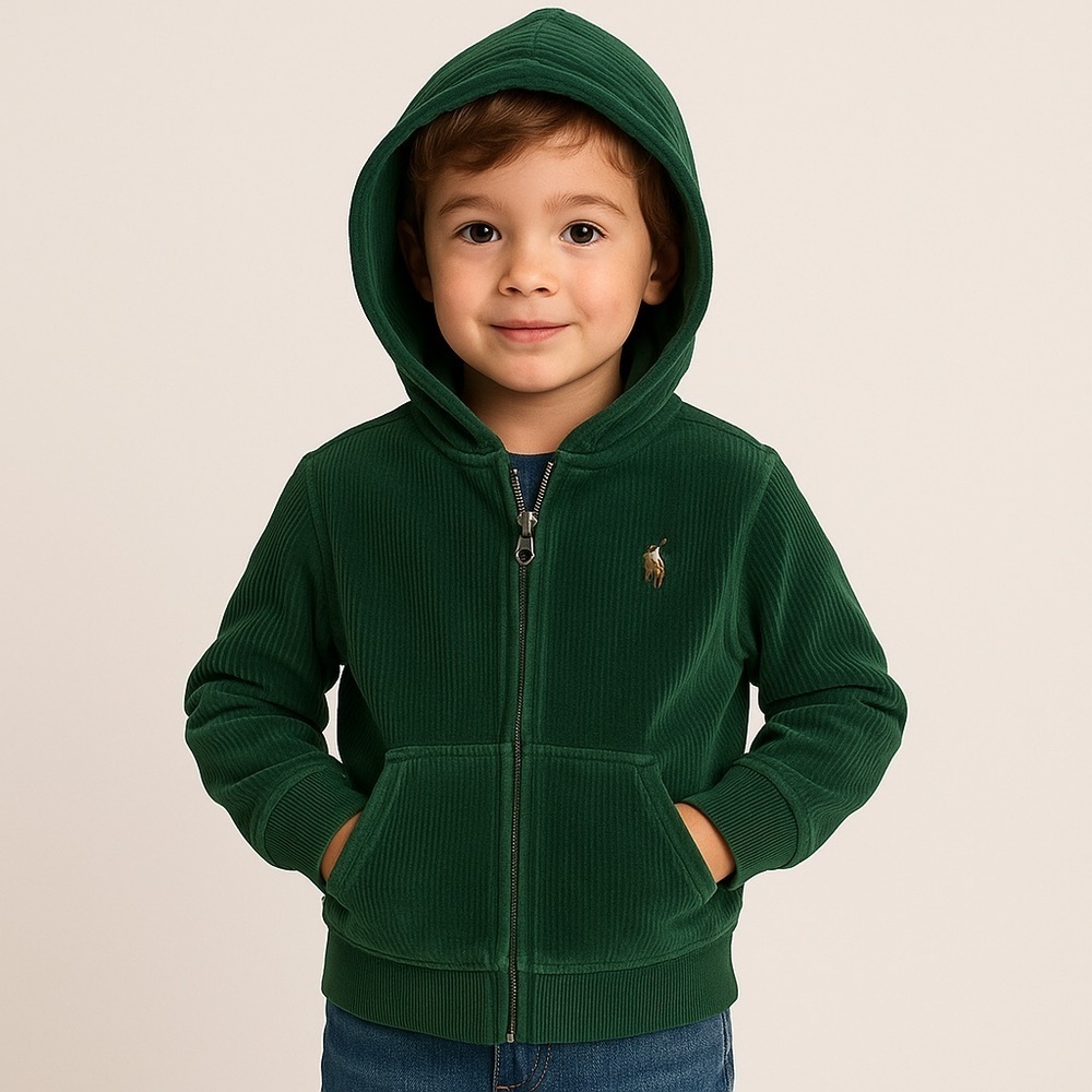 Polo Ralph Lauren Green Corded-Velour Zip Hoodie – Kids Size 5